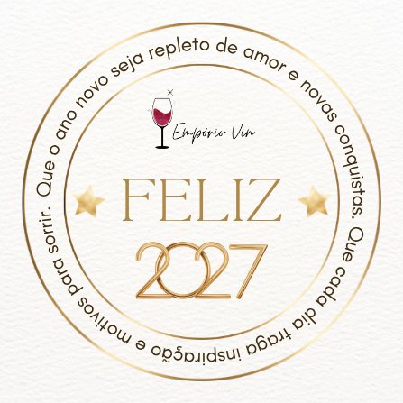 Tag redonda Feliz 2027 com a logo da Empório Vin